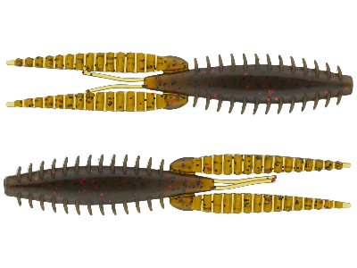 Two fishing lures with segmented bodies on a white background