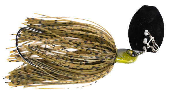 Fishing lure with a black and gold pattern on a white background