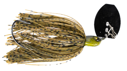Fishing lure with a black and gold pattern on a white background
