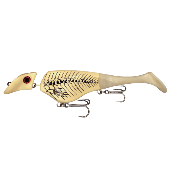 Fishing lure with a detailed body and red eye on a white background