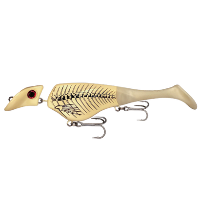 Fishing lure with a detailed body and red eye on a white background