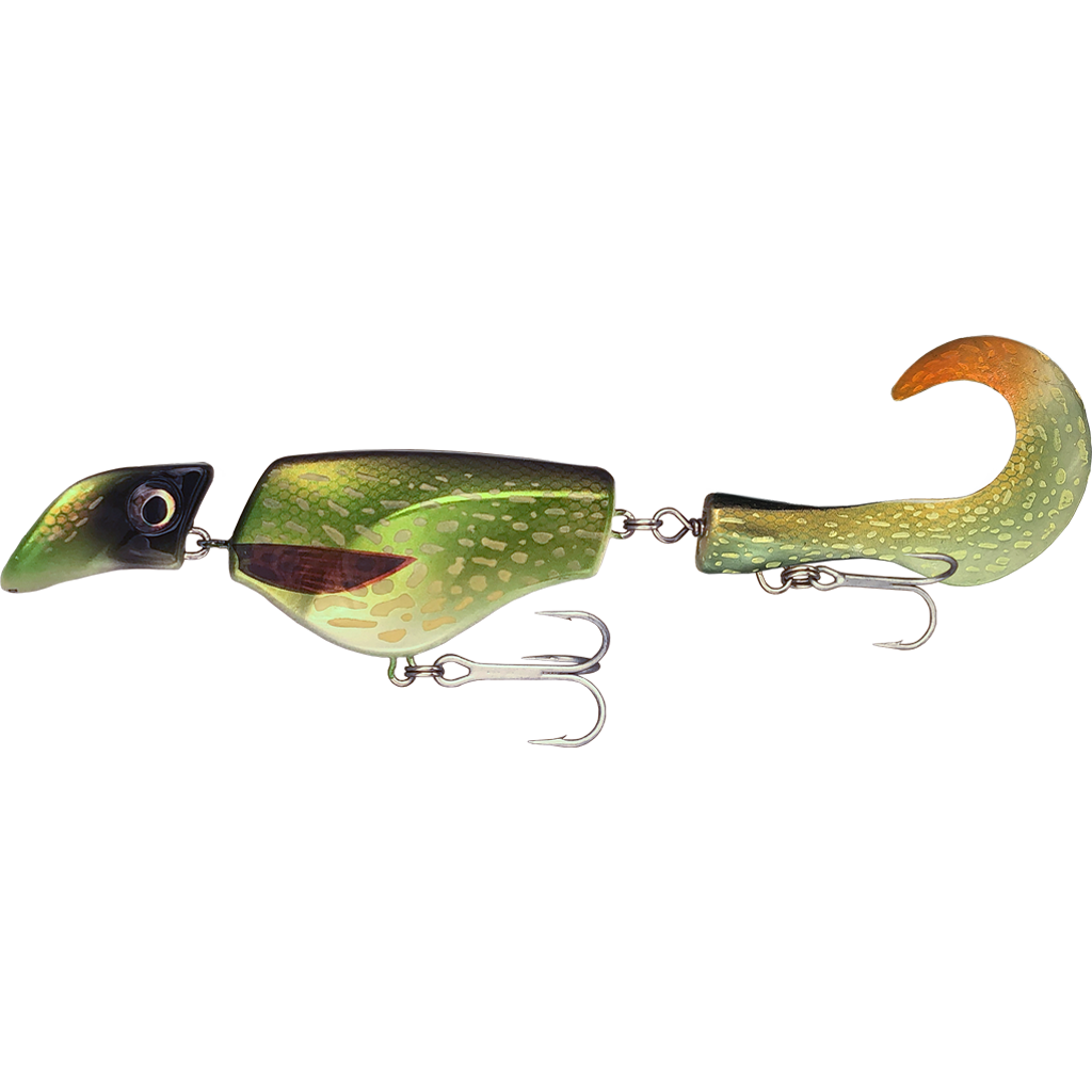 Fishing lure with a green and brown pattern on a white background
