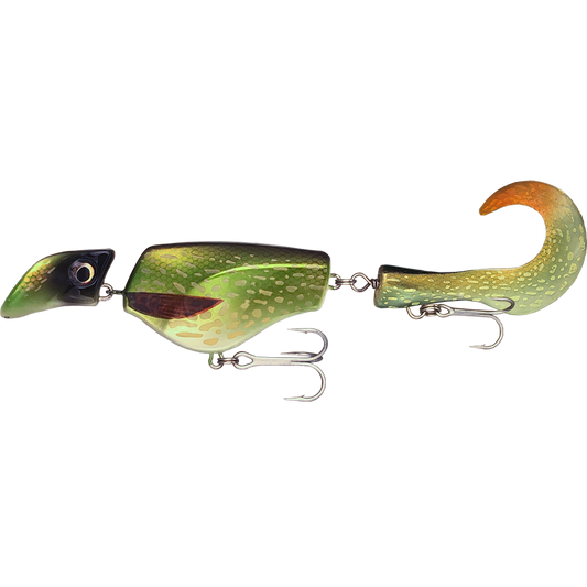 Fishing lure with a green and brown pattern on a white background