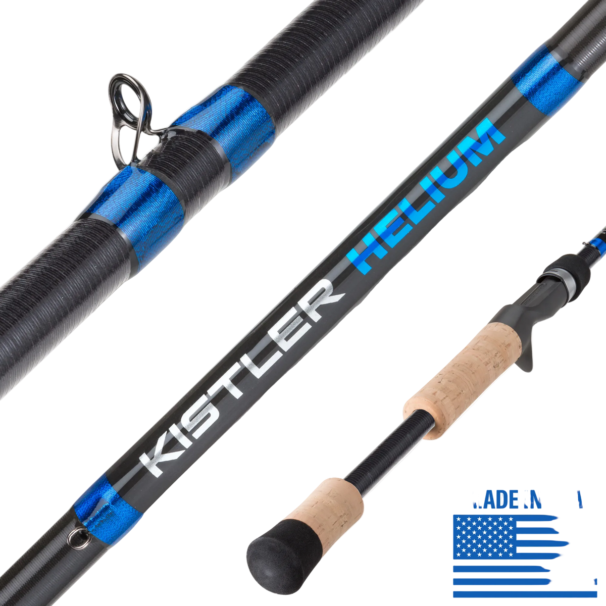 Kistler Helium fishing rod with blue and black design on a white background