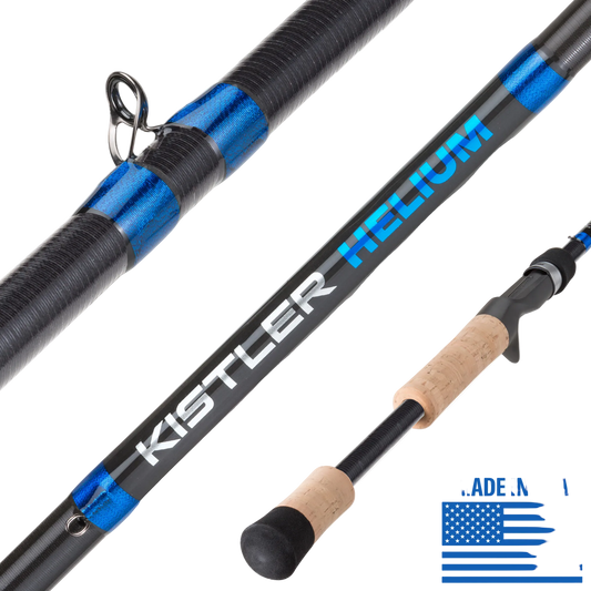 Kistler Helium fishing rod with blue and black design on a white background