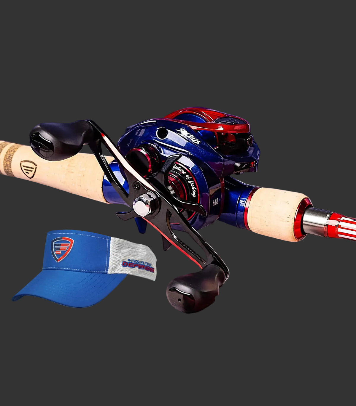 Fishing reel and visor with 'In God We Trust' text and American flag background