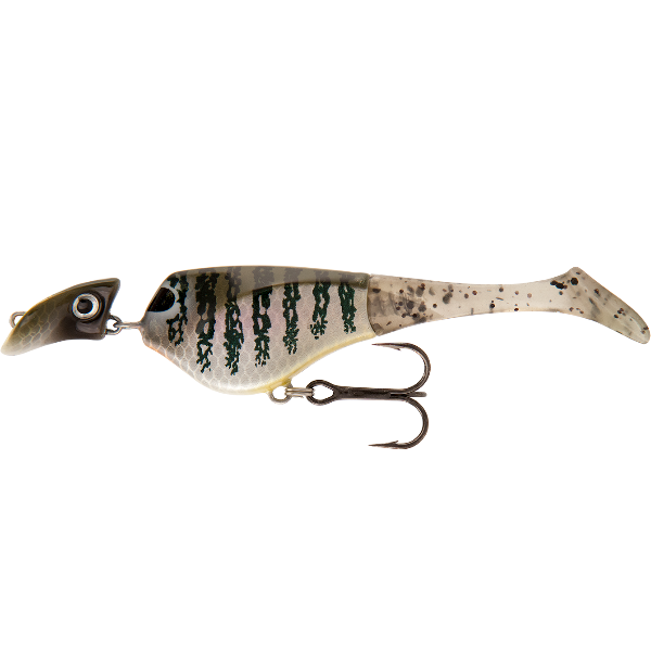 Fishing lure with a speckled pattern on a white background