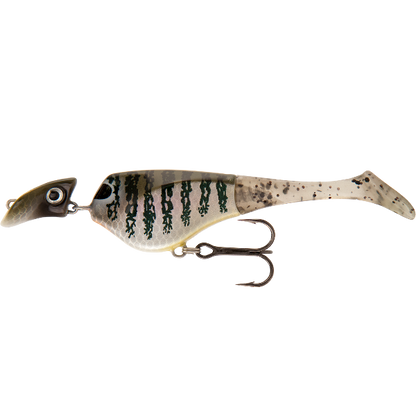 Fishing lure with a speckled pattern on a white background