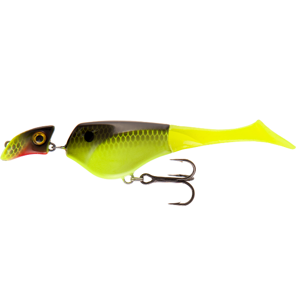 Fishing lure with a yellow and black body on a white background