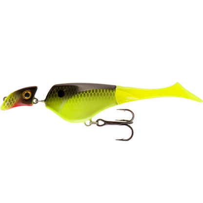 Fishing lure with a yellow and black body on a white background