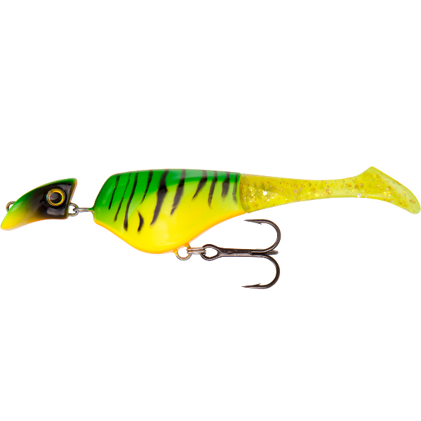 Fishing lure with a green and yellow body and black stripes on a white background