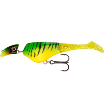 Fishing lure with a green and yellow body and black stripes on a white background