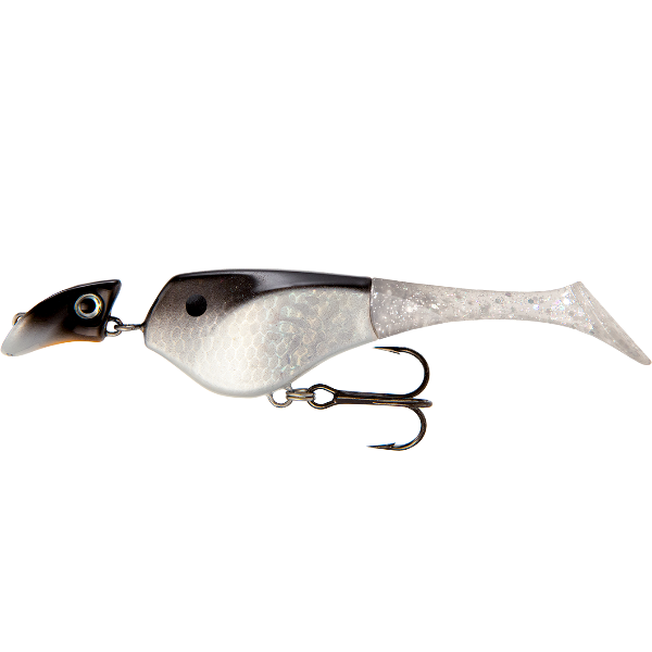 Fishing lure with a silver and black design on a white background