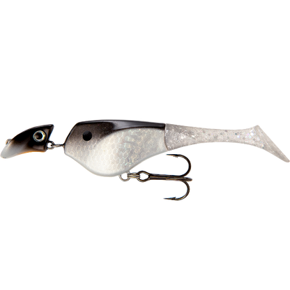 Fishing lure with a silver and black design on a white background