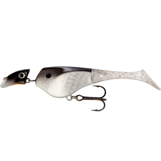 Fishing lure with a silver and black design on a white background