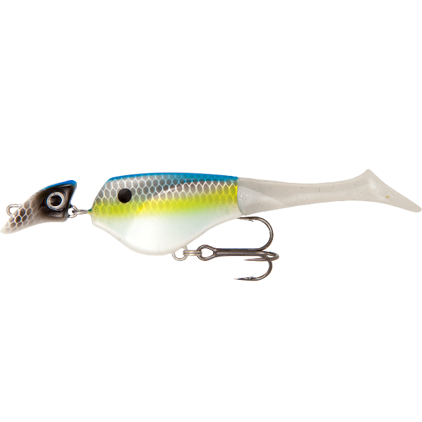 Fishing lure with a white body, blue back, and yellow belly on a white background