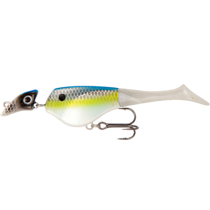 Fishing lure with a white body, blue back, and yellow belly on a white background