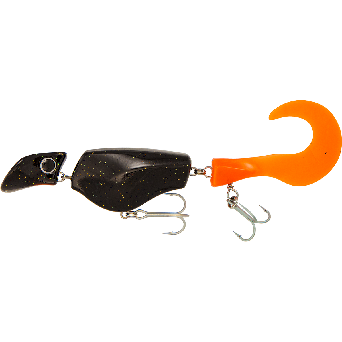 Fishing lure with black body and orange treble hook on a white background