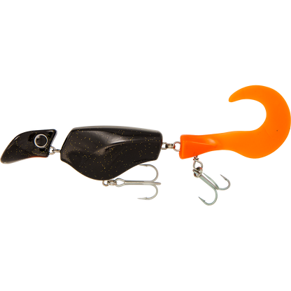 Fishing lure with black body and orange treble hook on a white background