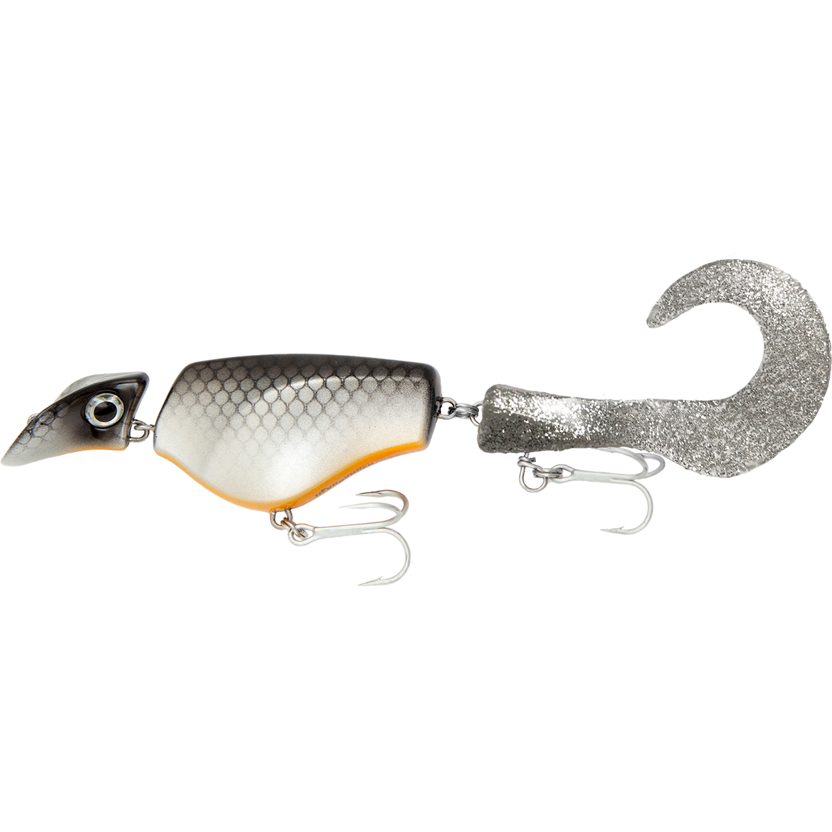 Fishing lure with a metallic body and treble hook on a white background