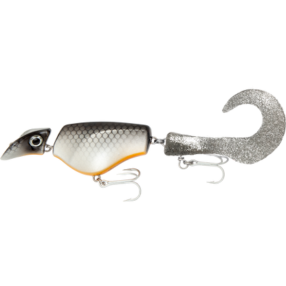 Fishing lure with a metallic body and treble hook on a white background