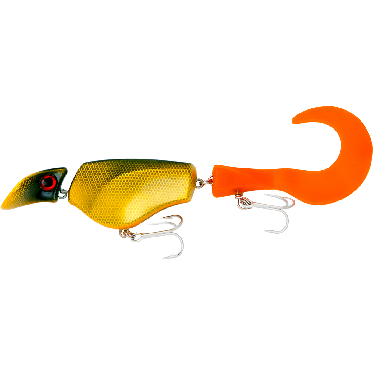 Fishing lure with a yellow body, orange hook, and red eye on a white background