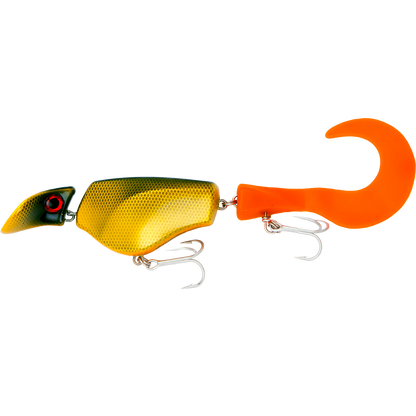 Fishing lure with a yellow body, orange hook, and red eye on a white background