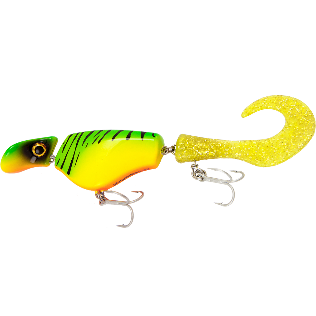 Colorful fishing lure with a yellow body and green accents on a white background