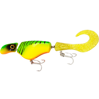 Colorful fishing lure with a yellow body and green accents on a white background