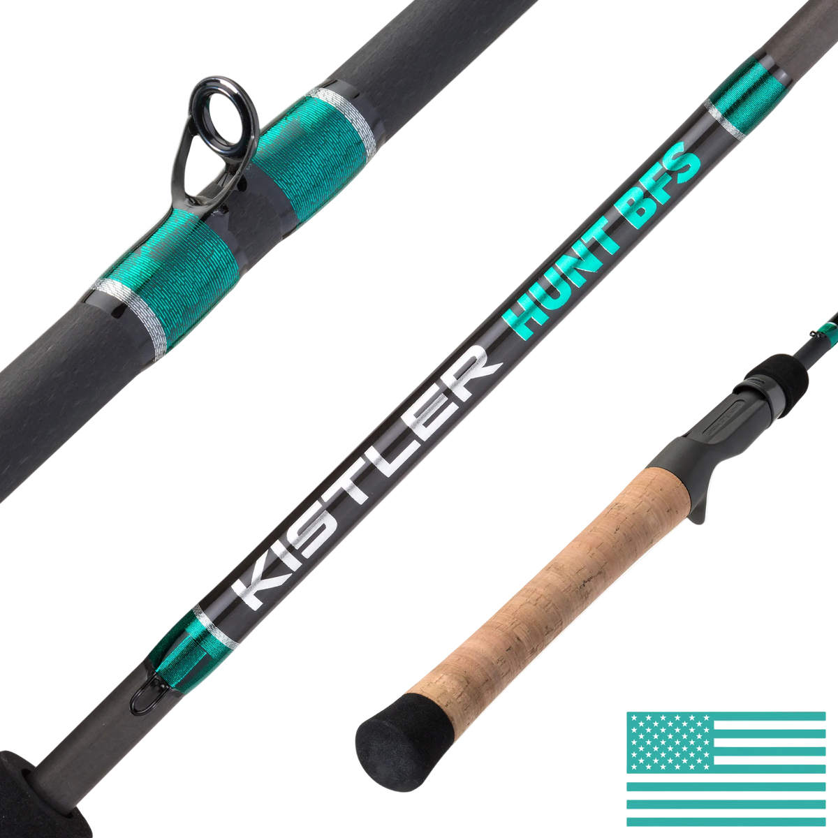 Fishing rod with 'Kistler' branding on a white background