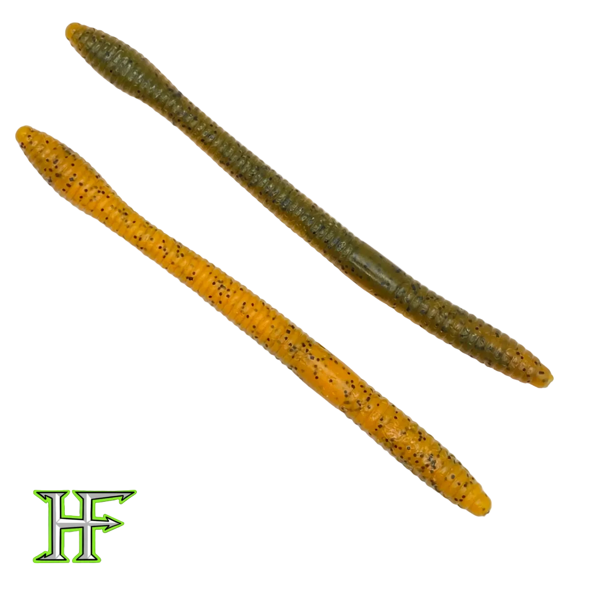 Two fishing lures, one orange with speckles and one brown, on a white background with a brand logo at the bottom.