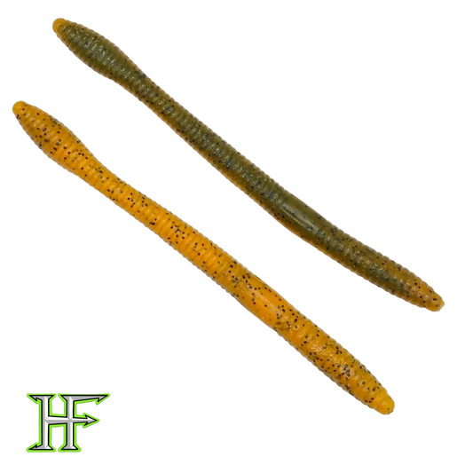 Two fishing lures, one orange with speckles and one brown, on a white background with a brand logo at the bottom.