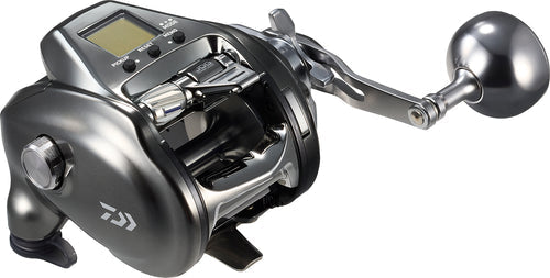 Fishing reel with digital display on a white background