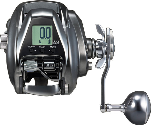 Fishing reel with digital display on a white background