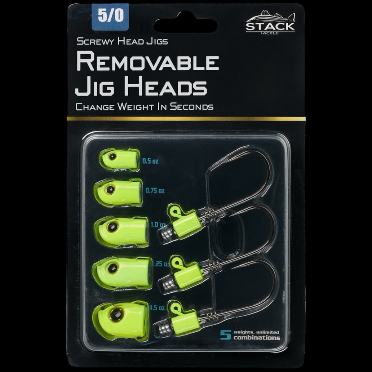 Stack Tackle Screwy Head Jigs | U.S. Patent No. 12,690,572 | 5 Sizes + 3 Mustad 5/0 Hooks | Screw-On O-Ring Lock | Swap Without Re-Tying