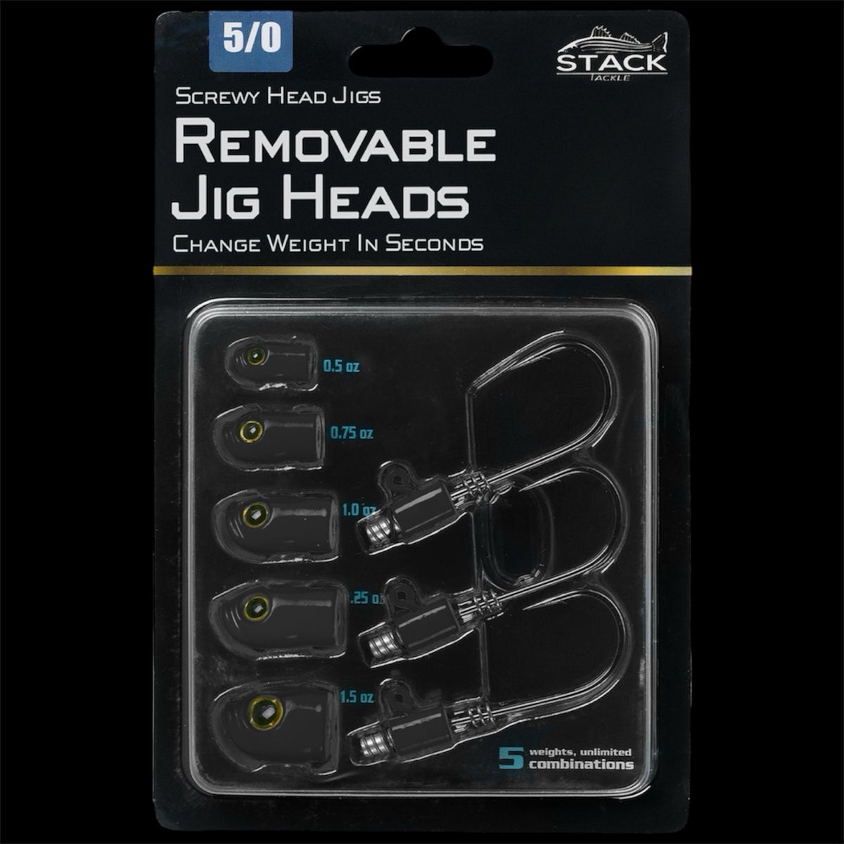 Stack Tackle Screwy Head Jigs | U.S. Patent No. 12,690,572 | 5 Sizes + 3 Mustad 5/0 Hooks | Screw-On O-Ring Lock | Swap Without Re-Tying