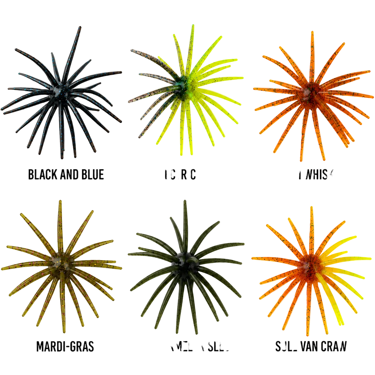 Six fishing lure skirts arranged in a 2x3 grid on a white background, each labeled with a name: Black and Blue, Electric Gill, Irish Whiskey, Mardi-Gras, Watermelon Seed, and Sullivan Crawl. The lures are starburst-shaped with multiple narrow rays and different color combinations.