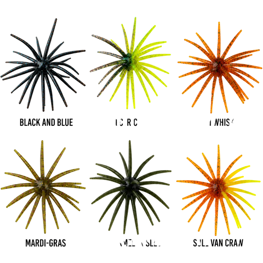 Six fishing lure skirts arranged in a 2x3 grid on a white background, each labeled with a name: Black and Blue, Electric Gill, Irish Whiskey, Mardi-Gras, Watermelon Seed, and Sullivan Crawl. The lures are starburst-shaped with multiple narrow rays and different color combinations.