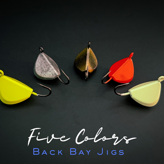 Five fishing lures in different colors on a black background with 'Five Colors Back Bay Jigs' text.