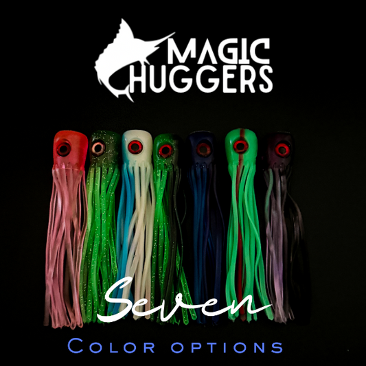 Colorful fishing lures with 'Magic Huggers' branding on a black background