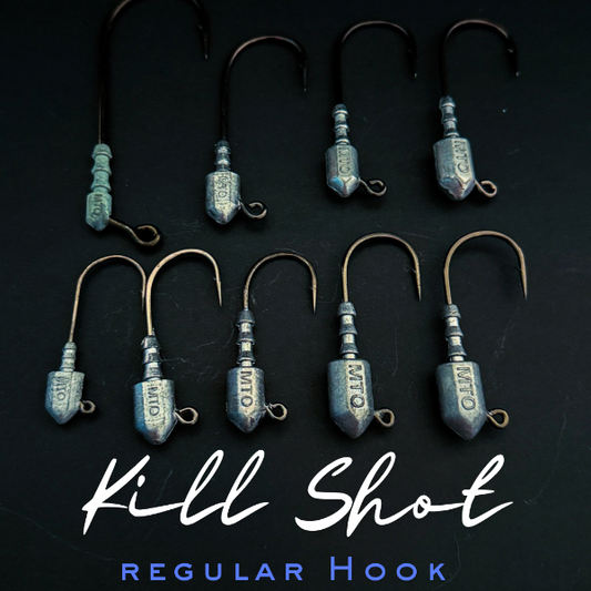 Fishing hooks with 'Kill Shot' branding on a dark background