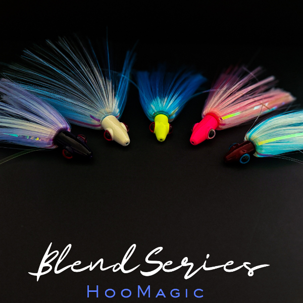 Colorful fishing lures with 'Blend Series HooMagic' branding on a black background
