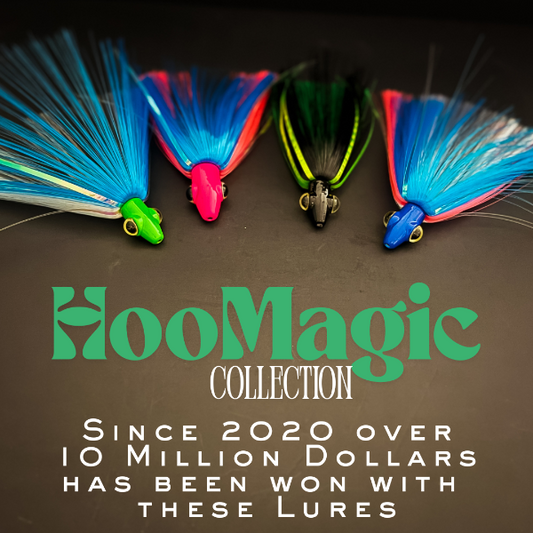Fishing lures with 'HooMagic Collection' branding and promotional text on a dark background.