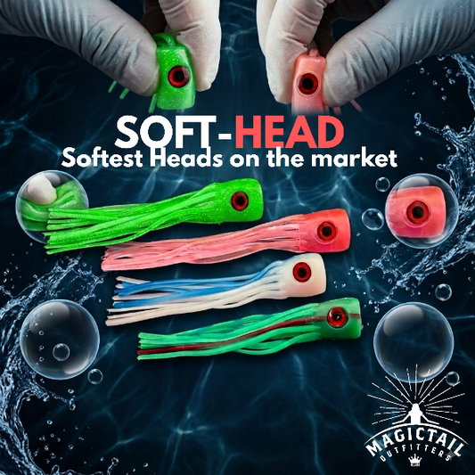 Five soft plastic jellyfish-style fishing lures with tentacles are arranged on dark blue water with bubbles and splashes. Two gloved hands hold small green and pink lures at the top.