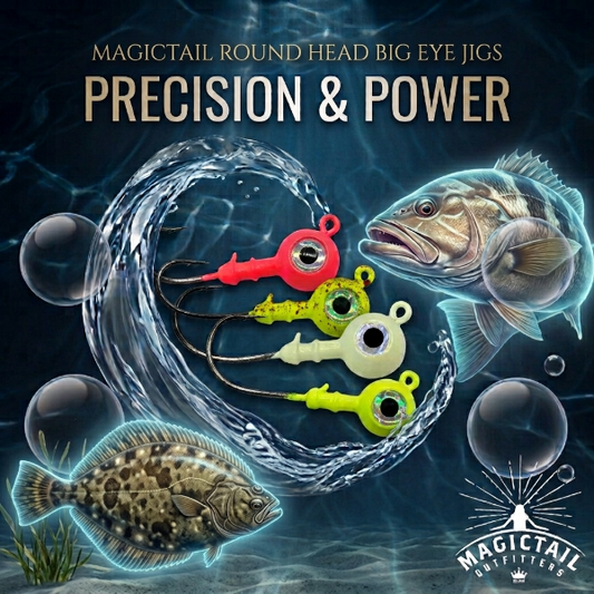 Four MagicTail round head big eye jigs in red, yellow, light green, and neon yellow-green are arranged in a water splash graphic with illustrated fish and underwater bubbles on a dark blue background. Text at the top reads 'MAGICTAIL ROUND HEAD BIG EYE JIGS PRECISION & POWER' and the MagicTail Outfitters logo appears at bottom right.