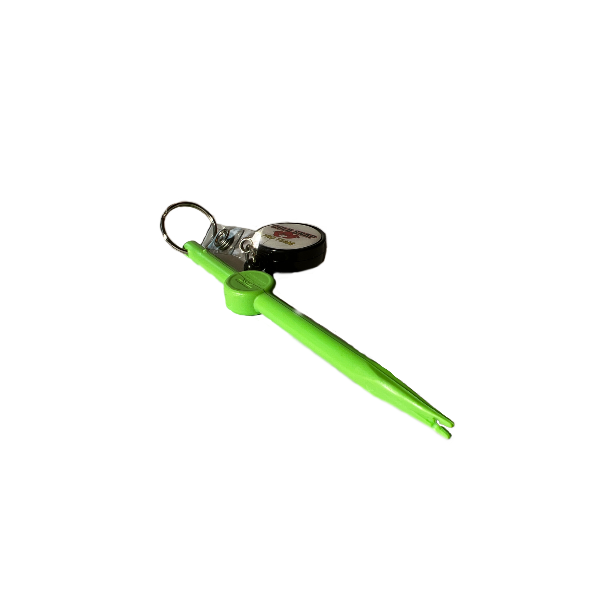 Green tool with a black handle on a white background