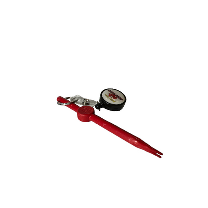 Red tool with a black handle on a white background