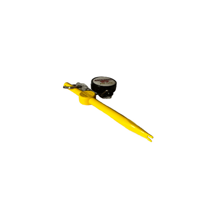 Yellow tool with a black handle on a white background