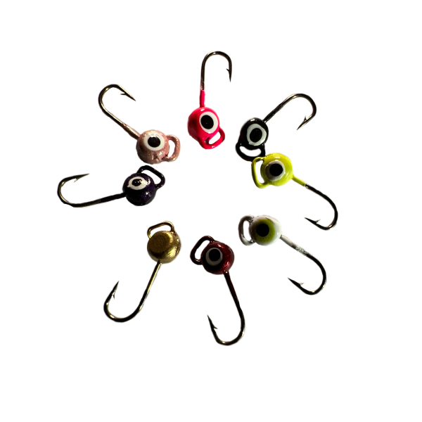 Eight fishing hooks arranged in a circular pattern on a solid white background, featuring various eye colors and metallic finishes.