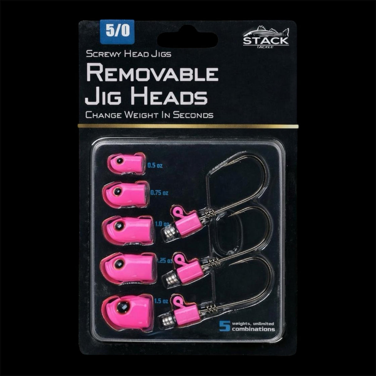 Stack Tackle Screwy Head Jigs | U.S. Patent No. 12,690,572 | 5 Sizes + 3 Mustad 5/0 Hooks | Screw-On O-Ring Lock | Swap Without Re-Tying